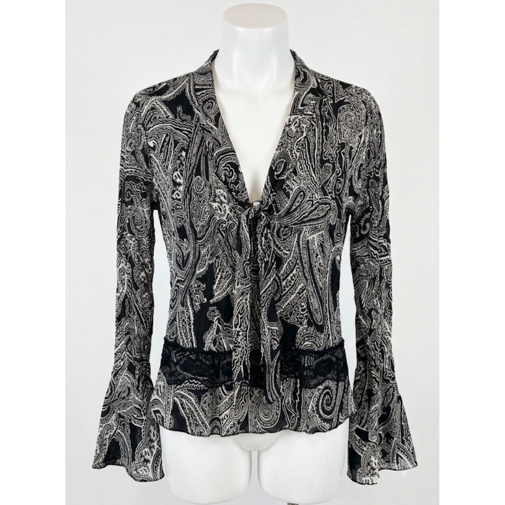 Y2K Boho Paisley Bell Sleeve Lace Detail Whimsigoth Blouse Top Medium Hippie